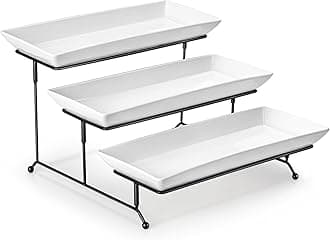 MALACASA 3 Tier Serving Platter, 14 Inch Porcelain Cake Stand with Black Mental Display Stand for Party Supplies, Ceramics Rectangular Serving Dishes for Dessert, Fruit, Cookies, Sushi, White
