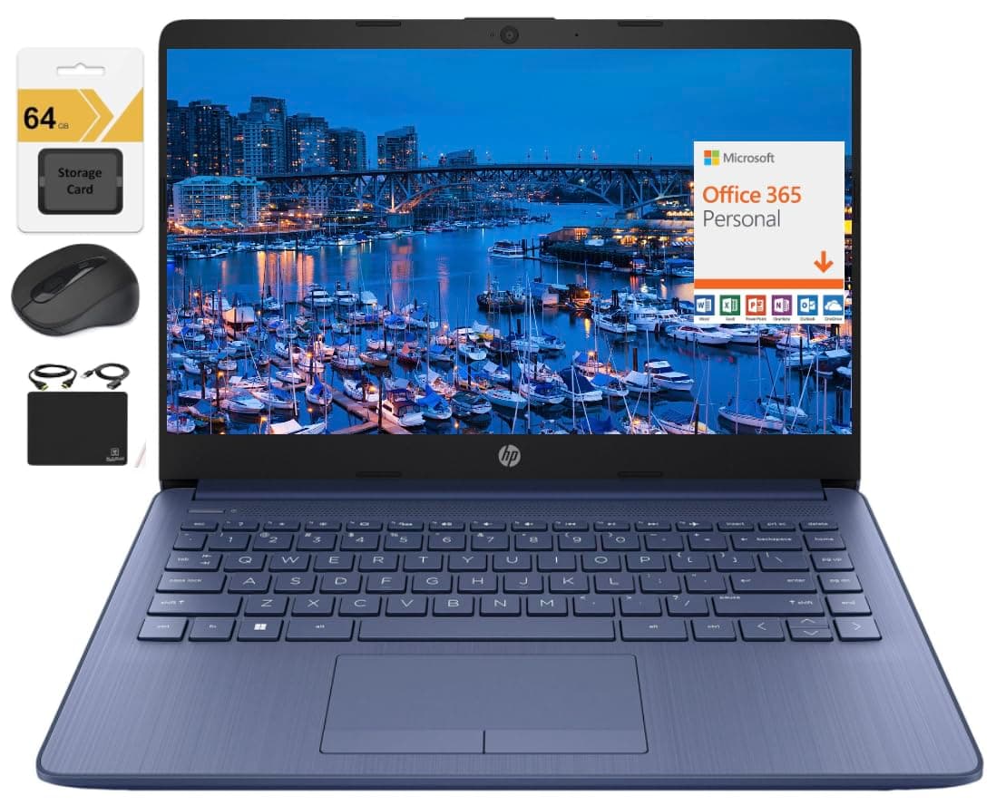 New 14" HD Ultra Light Thin Laptop, Quad-Core Intel Celeron Processor, 4GB RAM, 128GB (64GB eMMC+ 64GB Card), Wi-Fi, Upto 11 Hours, Windows 11 S + 1 Year Office 365+HubxcelAccessory, Royal Blue