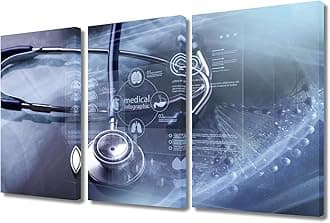 3 Panels Stethoscope and Medical Framed Wall Art Modern Medicine Cardiology Concept Posters & Prints Wall Art for Living Room Giclee Wooden Framed Gallery-Wrapped Ready to Hang (36" Wx24 H)