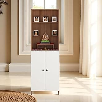 FURNEASER Anvika Engineered Wood Pooja Mandir for Home | Modern Design Temple for Home & Office | Puja Stand Shelf | Prayer Cabinet Shelf (Exotic Teak & White)