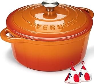 Overmont 26cm/5.2L Enamelled Cast Iron Round Casserole Pot With Lid Cookbook & Cotton Potholders - Non-stick Dutch Oven Cookware for Braising, Stews, Roasting, Bread Baking - Pumpkin, 26cm