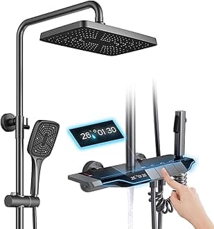 Shower System Thermostatic Piano Key Shower Faucet Set with Digital Display Ambient Lights Shower Combo Set with 12" Rain Shower Head, Tub Spout, Hand Shower, Bidet Sprayer, Gray