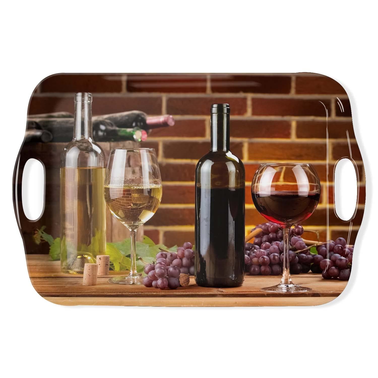 Serving Tray Decorative Tray with Handles Multi-Purpose Rectangular Serving Trays for Restaurant, Parties, Coffee Table, Kitchen - Red Wine Grapes