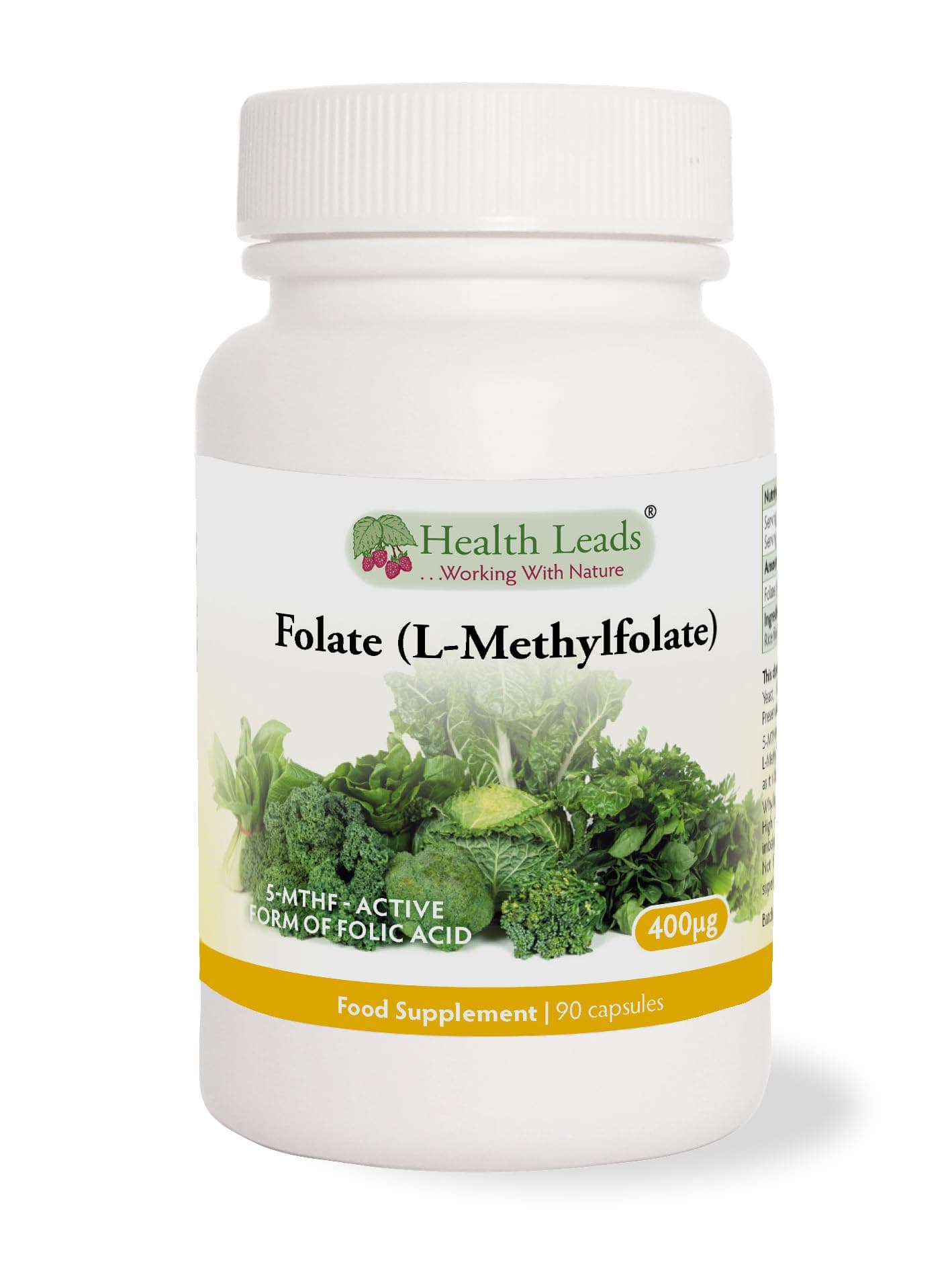 Folate (L-Methylfolate) 400μg x 90 Capsules - 5-MTHF Active Form of Folic Acid/Vitamin B9 - Supports Normal Maternal Tissue Growth During Pregnancy - PRENATAL- Magnesium Stearate Free - Made in Wales