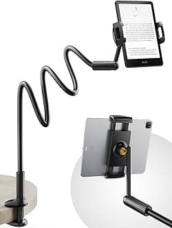 SAIJI 47" Gooseneck Kindle Holder, Tablet Holder for Bed with Upgraded Base, iPad Stand with Flexible Lazy Arm, Compatible with iPad mini Pro Air, Kindle, Galaxy or Other 4.7-11" Device (Black)