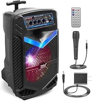 [Pyle 400W Bluetooth Speaker] Rechargeable Battery Outdoor 8" Subwoofer with 1" Tweeter Portable PA System Speaker, Recording Function, Microphone, DJ Party Light, Rechargeable USB/SD Radio- Pile