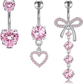 LAURITAMI 14G Dangle Belly Button Rings - Surgical Steel Silver and Rose Gold CZ Piercing Jewelry for Women