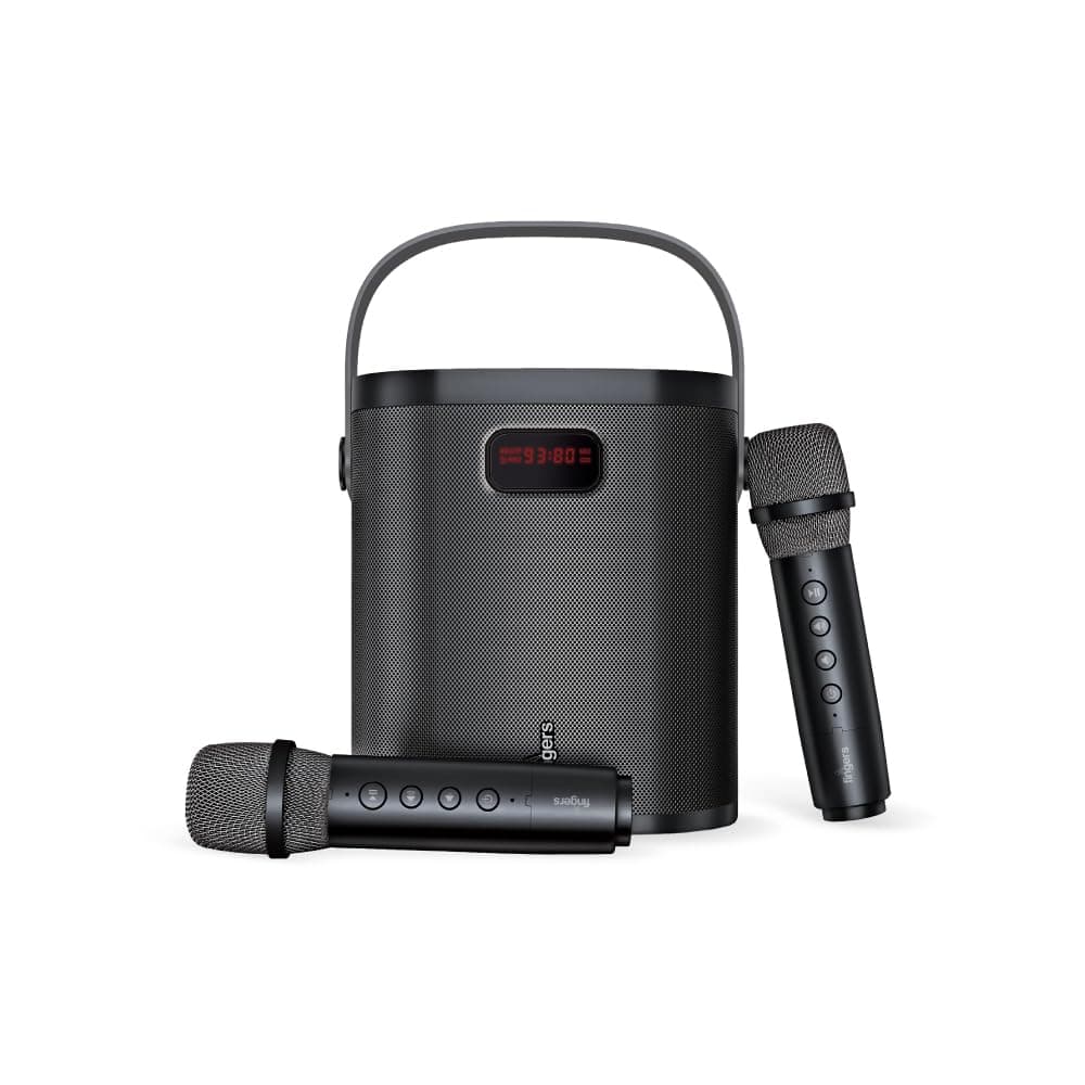 2Mic-GrooveBox Portable Speaker with 2 Wireless Mics (6.5-Hour Playback, 20 W Intense Bass, Recording Feature, Bluetooth | USB | MicroSD | FM Radio | AUX) Rich Black