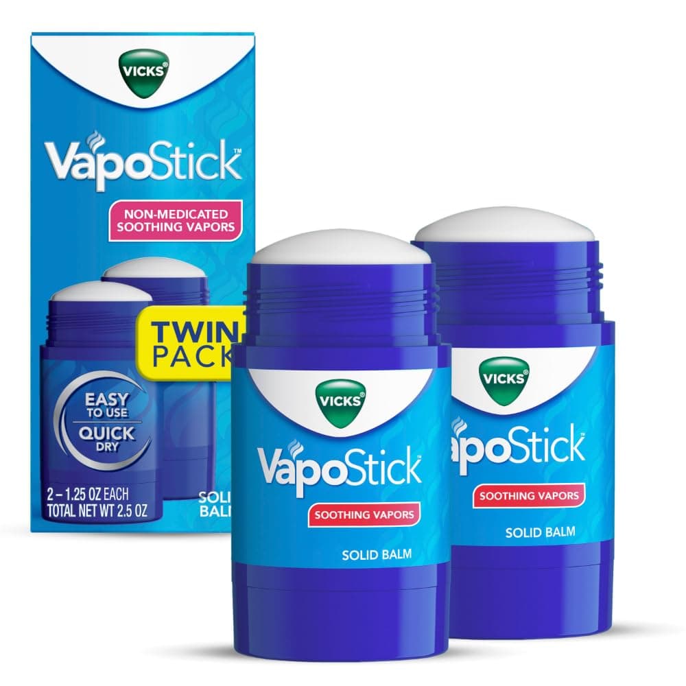 Vicks VapoStick, Solid Balm, No Mess, Soothing Non-Medicated Vicks Vapors, Easy-To-Use No-Touch Applicator, Quick Dry, Lightweight Skin Feel, 1.25oz x 2