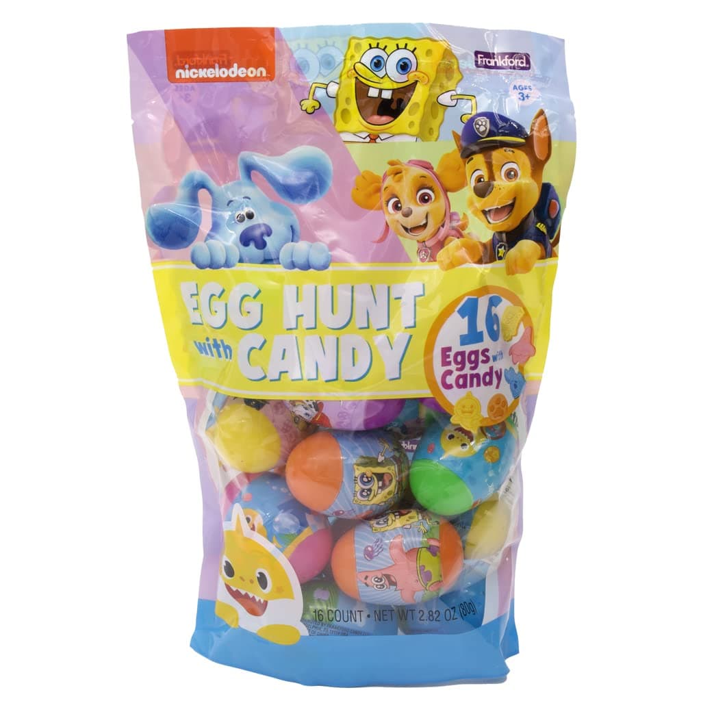 Frankford Nickelodeon Plastic Egg Hunt Bag, Assorted 16 Count Eggs Candy, 1 Pack, Baby Shark, SpongeBob SquarePants, Paw Patrol, Blues Clues