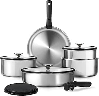 CAROTE 12pcs Pots and Pans Set, Glossy Stainless Steel Cookware Set, Induction Kitchen Cookware Sets with Removable Handle, RV Cookware Set, Oven Safe, Camping Cookware, Black