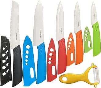 Ceramic Knife Set - Colored Knives w/ Sheath - 6" Bread, 6" Chef, 5" Utility, 4" Fruit, 3" Paring Knife & 1 Peeler - Rust Free Proof