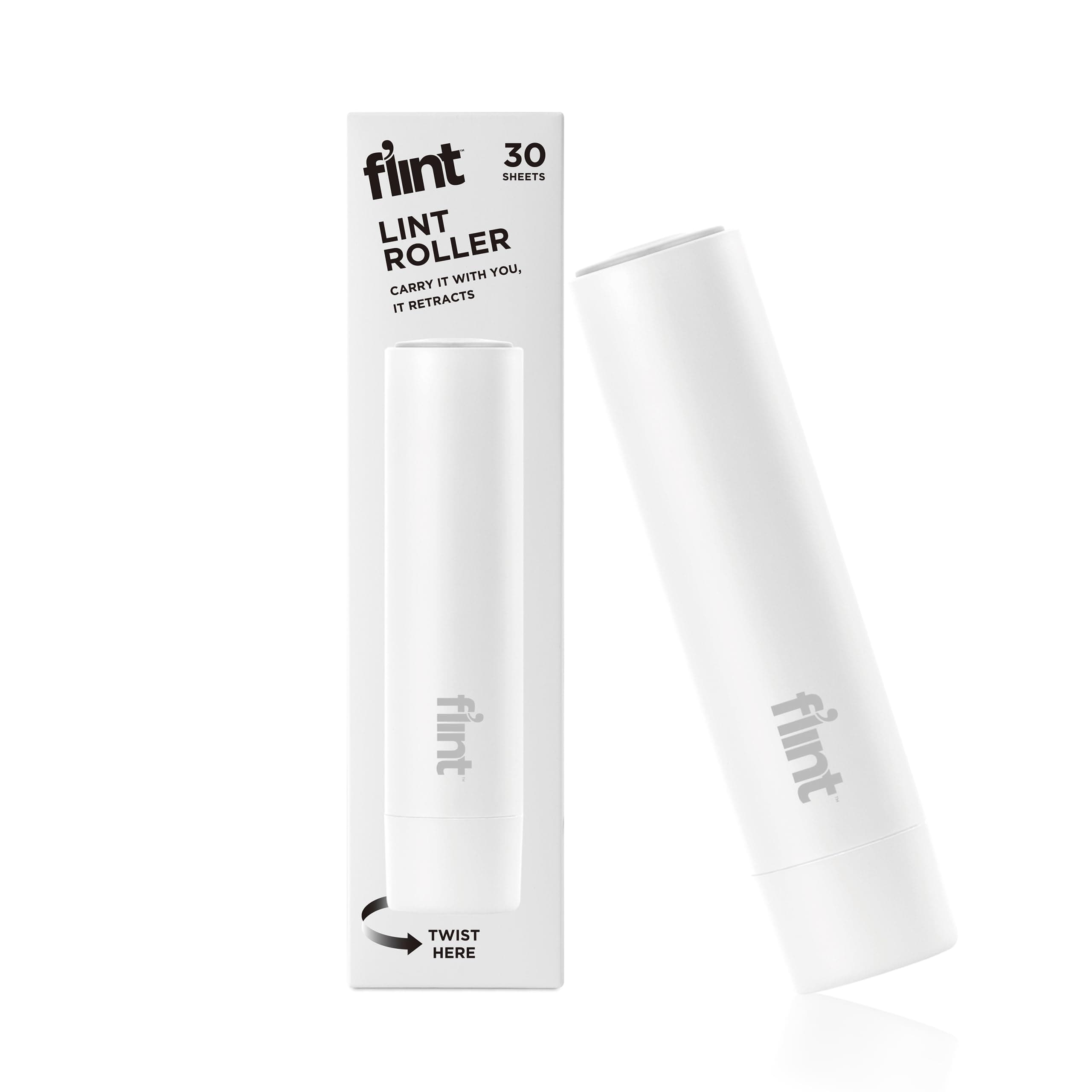 Flint Classic White Retractable Mini Lint Roller with 30 Extra Sticky Sheets, Small and Portable Lint Roller, Ideal Pet Hair Remover, Travel Lint Rollers for pet Hair Extra Sticky
