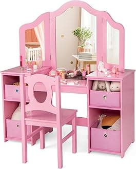 GYMAX Kids Vanity Table and Chair Set, 2-in-1 Princess Dressing Table with Tri-folding Mirror & 4 Storage Bins, Wooden Girls Makeup Desk for Bedroom Playroom (Pink, Chair: 30 x 30 x 66 cm)