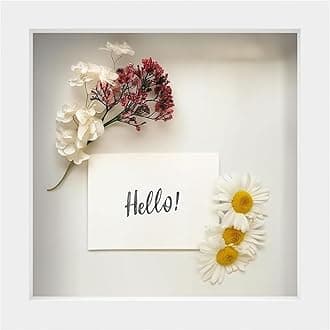 FrameWorks 8” x 8” White Wooden Shadow Box Frame – Display Case with Soft Felt Back, Memory Box with Tempered Glass, Display Box with Elegant White Ball Push Pins, Wooden Flower Box