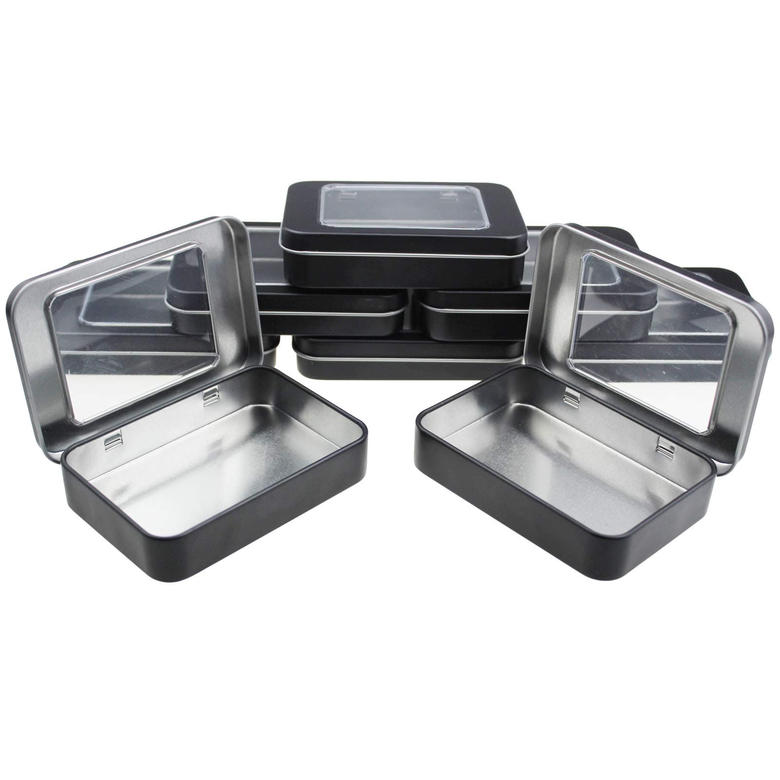Goodma 8 Pieces Small Rectangular Metal Empty Hinged Tins Home Storage Containers Organizer Mini Box with Clear Window Lid, 3.94 x 2.76 x 0.79 inch (Black)