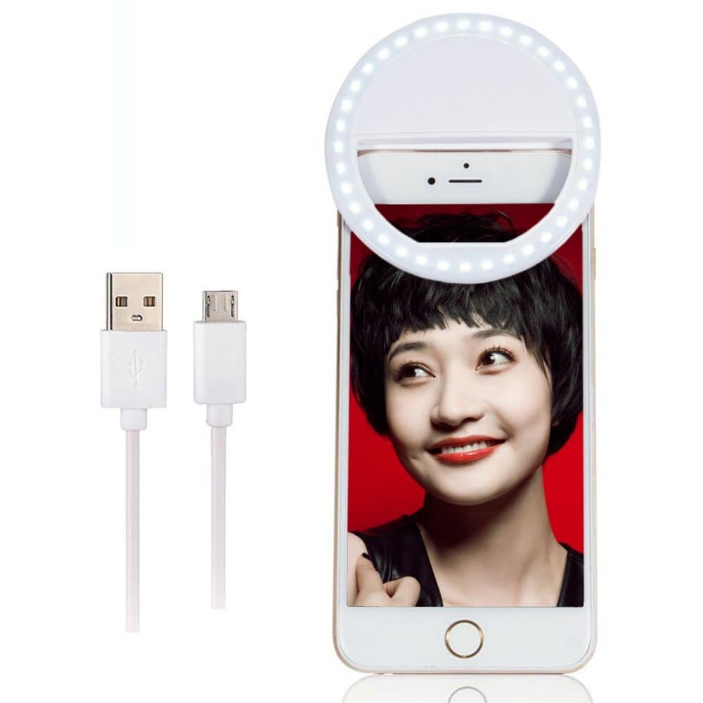 Rechargeable Selfie Light, IRuiYinGo LED Lighted RingLight 3-Level Brightness Mini Camera Light Clip on Phone Ring Light, White