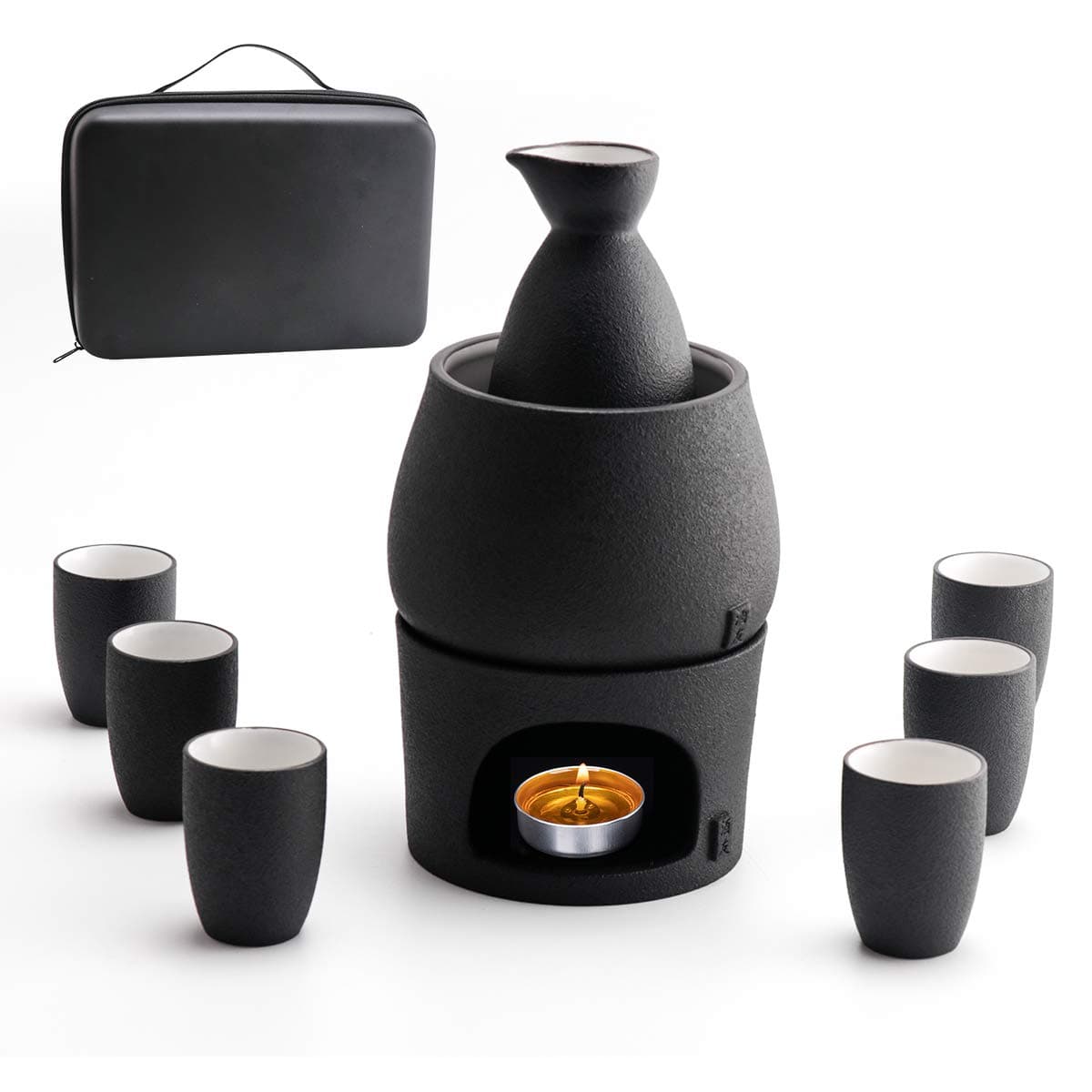 – Sake Set and Cups with Warmer Keep Sake Storage Gift Box, Traditional Porcelain Japanese Pottery Hot Saki Drink, 9pcs Include 1 Stove 1 Warming Bowl 1 Sake Bottle 6 Cup (Black)