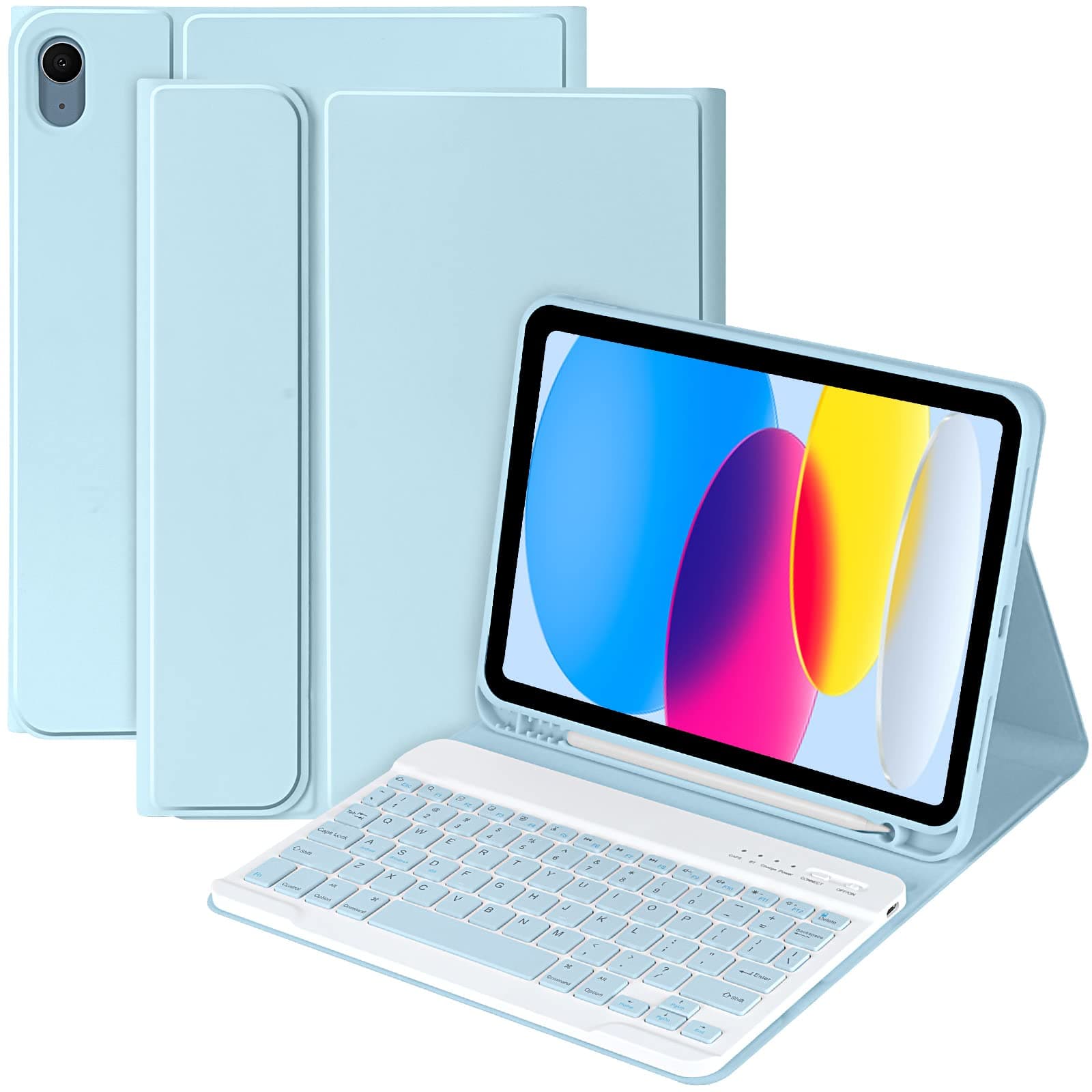MMK iPad Case with Keyboard for iPad 10th Generation 10.9" 2022, iPad Keyboard Case for 10th Generation (A2757/A2777/A2696), iPad Case with Detachable Bluetooth Keyboard & Pencil Holder (Sky Blue)