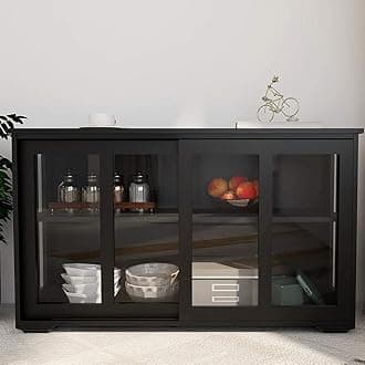 RASOO Buffet Sideboard with Sliding Glas Door and Adjustable Shelf Stackable Kitchen Storage Cabinet Antique Cupboard Home Furniture, Black