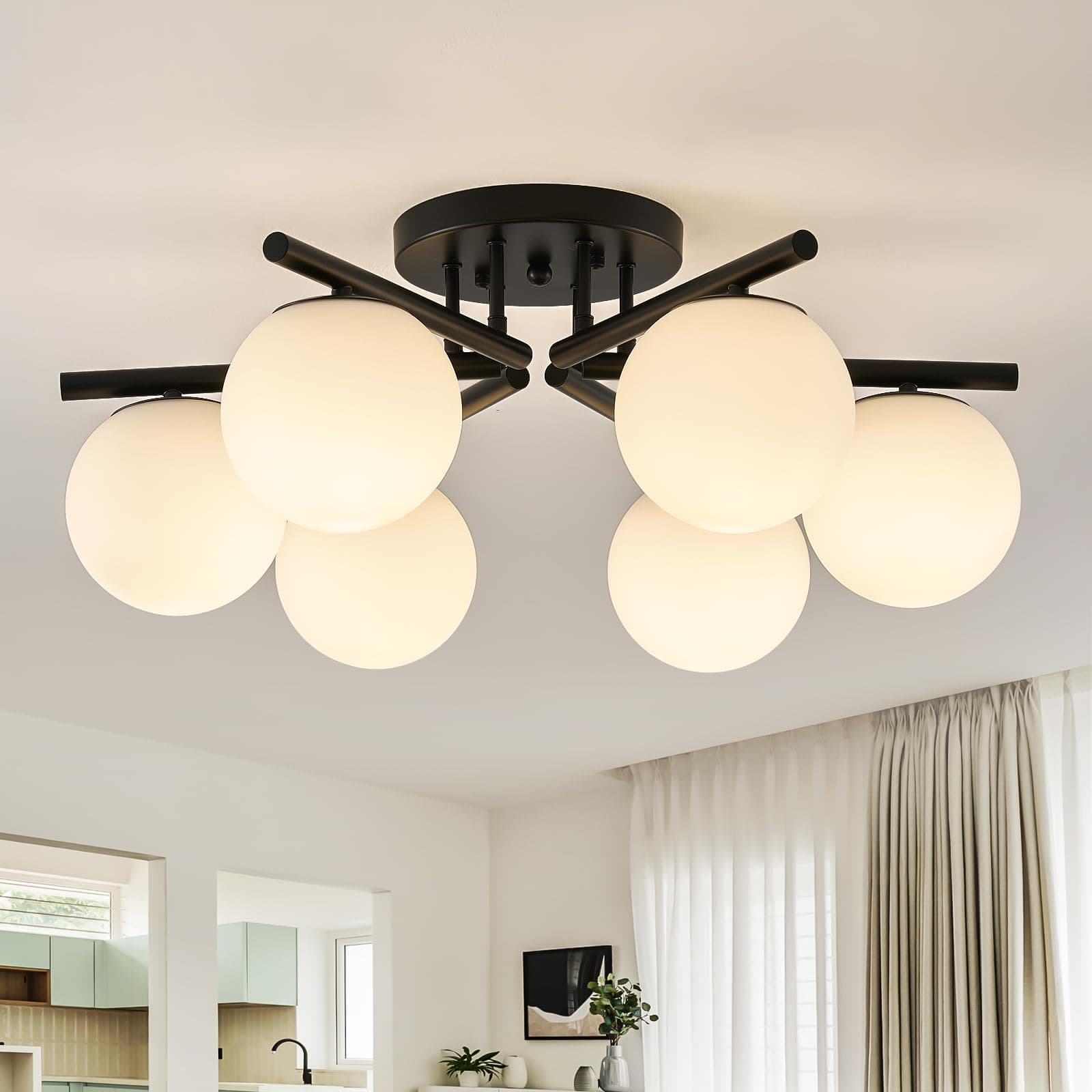 6-Light Sputnik Ceiling Light Fixture, Semi Flush Mount Ceiling Light with Milk Glass Globes, Black Mid Century Modern Chandelier for Living Room Bedroom Dining Room Hallway