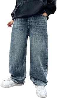 Boys Jeans Baggy Straight Leg Elastic Waist Loose Denim Pants with Pockets