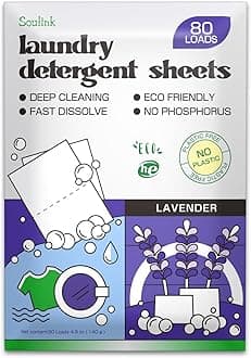 Soulink Laundry Detergent Sheets Up to 80 Loads，Eco Friendly Detergent Sheets for Travel & Home - No Plastic Jug Liquidless Soap Strips, Plant-based, Hypoallergenic. Safe for Sensitive Skin (Lavender)