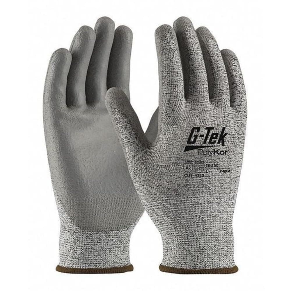 PIP G-Tek PolyKor 16-150 Gray Large Polyester Cut-Resistant Gloves - EN 388 3, ANSI 2 Cut Resistance - Polyurethane Palm & Fingers Coating - 9.4 in Length - 16-150/L [PRICE is per DOZEN]