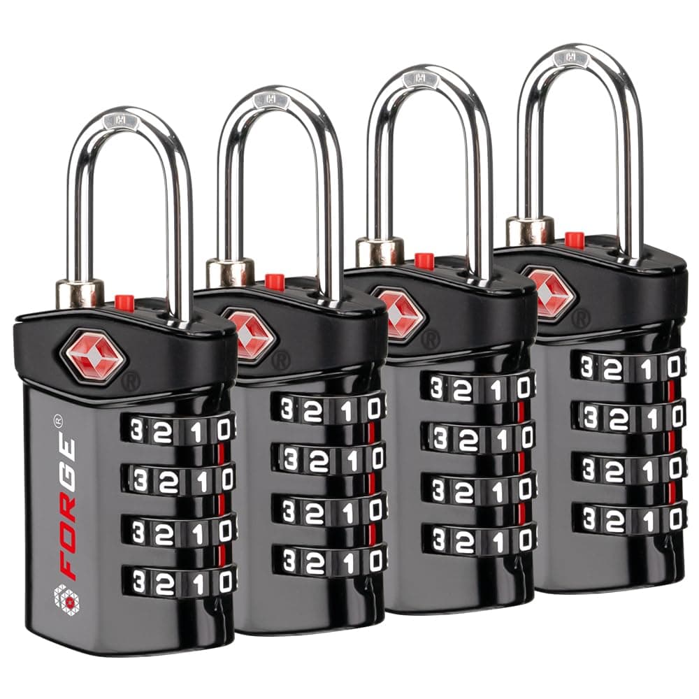 Forge 4 Digit TSA Approved Luggage Lock, 4 Pack Black, Inspection Indicator, Alloy Body