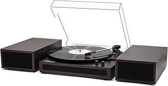 LP&No.1 Vinyl Record Player with Stereo Bookshelf Speakers, Vintage Wood Finish, 3-Speed Belt-Drive Turntable with Wireless Input Playback Mode, RCA Output, Auto Stop | Brown