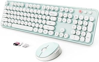 Wireless Keyboard and Mouse Combo, Ergonomic Full Size Typewriter Retro Round Keycaps Keyboard, Compatible with Windows, PC, Perfer for Home and Office Keyboards（Green）