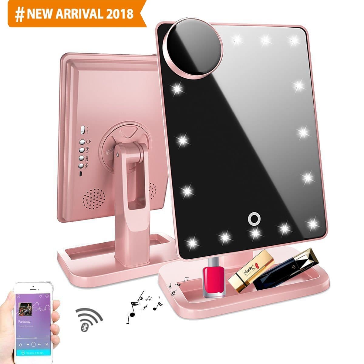 Bluetooth Mirror/Makeup Mirror with Bluetooth - 20 LED Cosmetic Mirror with USB Chargerable,Wireless Audio Speaker & Removable 10X Magnifier,180° Rotation Vanity Mirror with Lights(Rose gold)