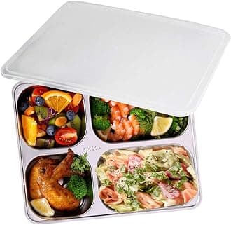 Divided Plate with Lid for Adults 304 Stainless Steel Bento Box - 4 Compartment Lunch Containers with Dividers Camping Food Container Bento Lunch Box