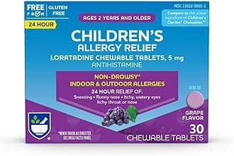 Rite Aid Children's Non-Drowsy Allergy Relief Chewable Tablets, Grape Flavor, Loratadine, 5 mg - 30 Count | Children's Allergy Medicine | Allergy Medication Tablets for Kids' (New)