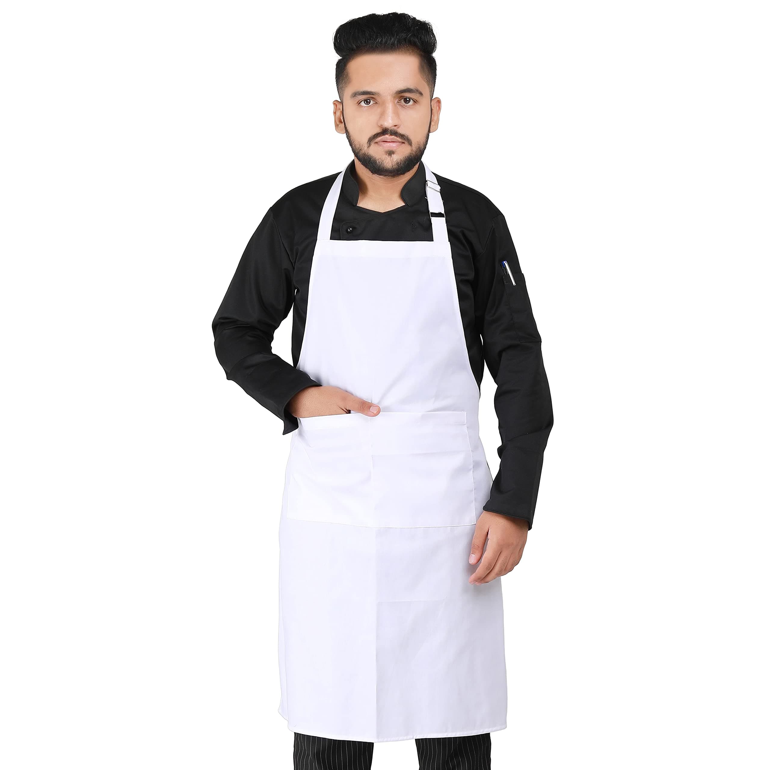 YANEK Kitchen Long Apron | Unisex | Chef Kitchen Adjustable Bib Apron with Pockets & Adjustable Buckle | For Home, Restaurant, Café, Hotel, Bakery, Salon (WHITE)
