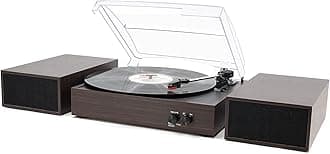 LP&No.1 Wireless Turntable with Stereo Bookshelf Speakers, 3 Speed Vintage Belt-Drive Turntable with Wireless Playback & Auto-Stop & Wireless Input, Brown Wood