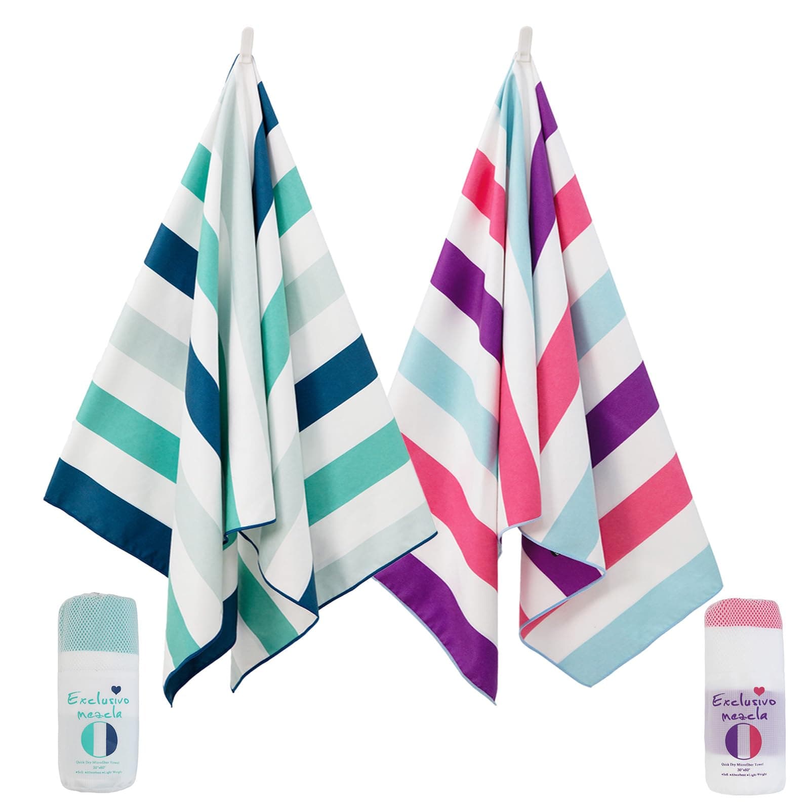 Exclusivo Mezcla 2 Pack Microfiber Quick Dry Beach Towels, Large Lightweight Sandfree Pool Towels for Swimming Camping Travel with Bag (Green and Purple, 30x60 Inches)