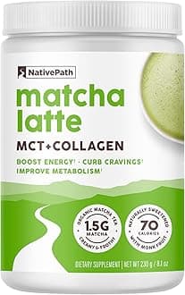 NativePath Matcha Latte Collagen Peptides with MCT Oil - Grass-Fed Collagen & Organic Matcha for Energy & Focus - Keto, No Gluten or Dairy (8.1 oz)
