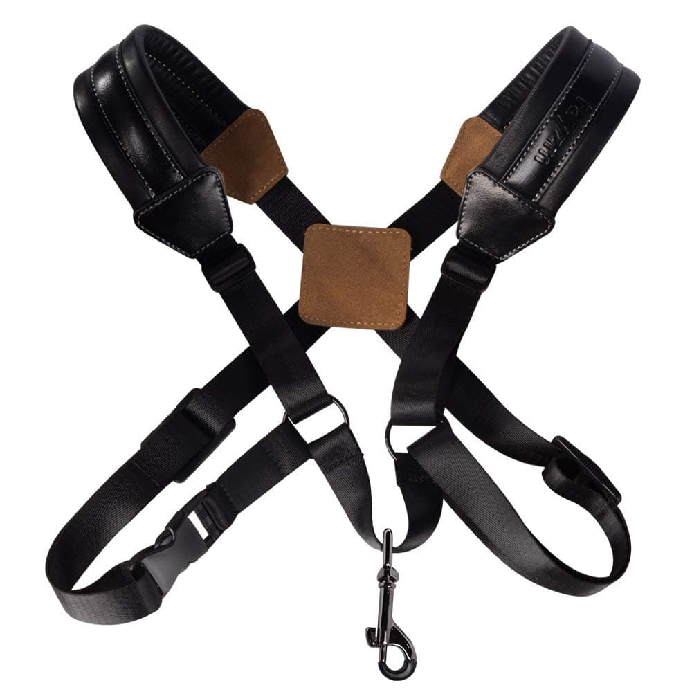 Saxophone Strap, Universal Double Shoulder Leather Strap for Sax, Adjustable Padded Harness Strap for Alto Tenor Soprano Baritone Saxophone (L)