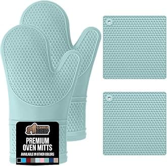 Gorilla Grip Heat and Slip Resistant Silicone Oven Mitt and Trivets Set, Waterproof, Cotton Lined Gloves, BPA-Free, Long Cooking Mitts and Trivet Mats, Kitchen Potholder Sets for Pans, 4 Pieces, Mint