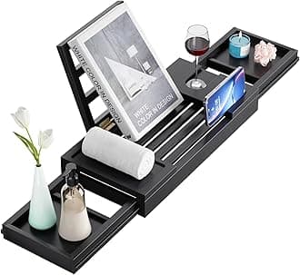 Premium Bath Tray, Expandable Bathtub Tray Caddy, Bamboo Bath Shelf with iPad & Phone Holder, New Home, Anniversary and Wedding Gifts, Bridal Shower Gift for Women-Black