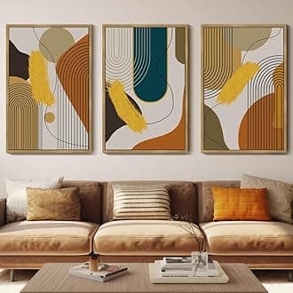 PHOPAGO 24x36in Large Boho Abstract Framed Wall Art Modern Minimalist Luxury Gold Line Artwork Kitchen Dining Room Decor Natural Framed