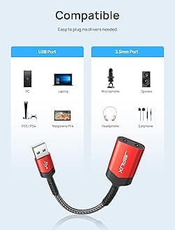 USB Sound Card, JSAUX USB to 3.5mm Jack Audio Adapter External Stereo USB Audio Adapter with 3.5mm TRS Headphone and Microphone Jack Compatible with Windows, MAC, PC, Laptop, Desktops, PS5, PS4 -RED