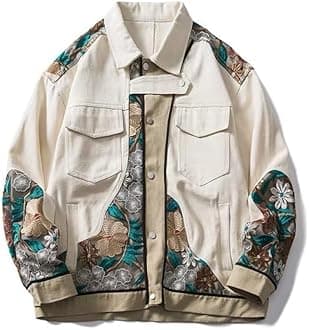 Men'S Denim Jacket, Embroidered Flower Jackets For Mens Clothing Coat Men'S Patchwork Coats New Outerwear Bomber Tops Button Down Jean,Men'S Denim Jacket,M