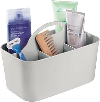 mDesign Small Plastic Shower/Bath Storage Organizer Caddy Tote with Handle for Dorm, Shelf, Cabinet - Hold Soap, Shampoo, Conditioner, Combs, Brushes, Lumiere Collection, Light Gray