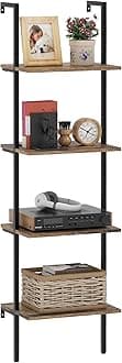 Ladder Shelf 4 Tiers Metal Industrial Bookshelf,Brown Wood Tall Open Storage Rack and Display Shelves,Wall Mount Wide Book Case for Home Office Bedroom,Small