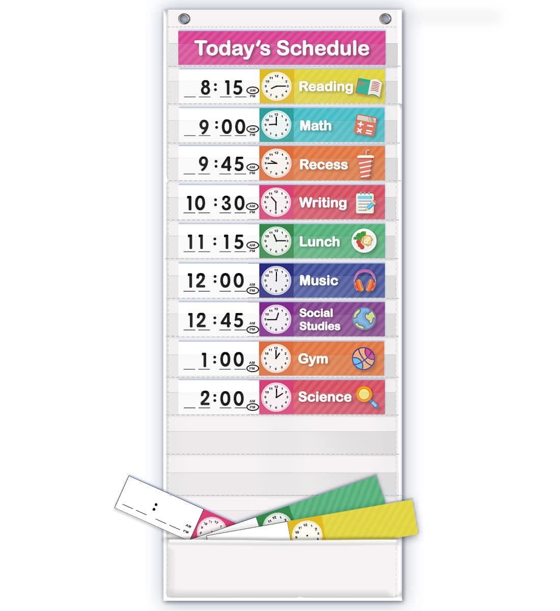 Eamay Daily Schedule Pocket Charts, Teaching Scheduling Pocket Chart, Hoom, Eamay Daily Scheduling Pocket Chart, Pocket Chart with 13+1 Pockets, 18pcs Dry Erase Cards and 2 Hooks (White)
