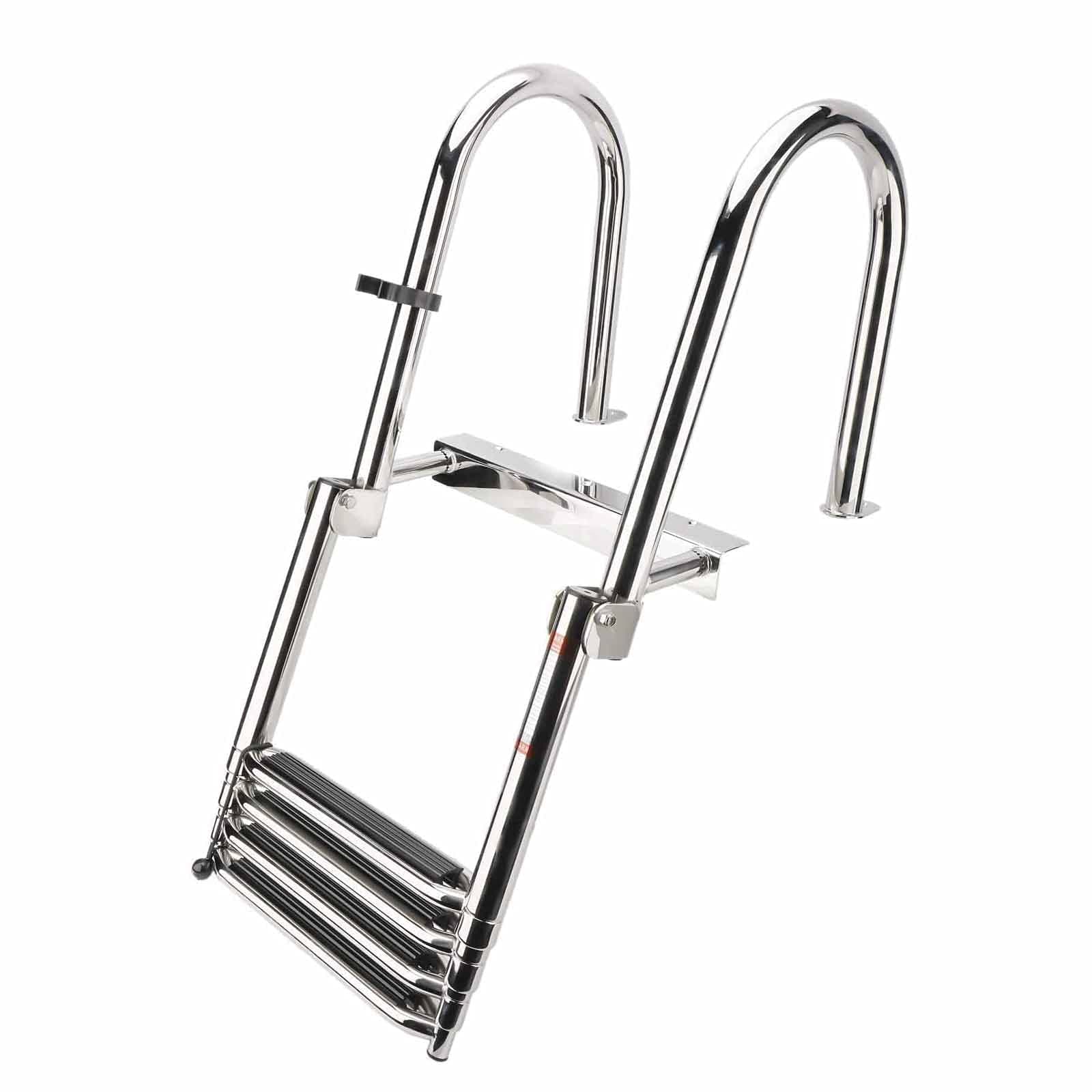 Folding 4 Step Rear Entry Pontoon Boat Ladder with Handle & Wide Step, Heavy Duty Telescoping Inboard Ladder for Swim Deck, Dock, Yacht & Fishing Boat