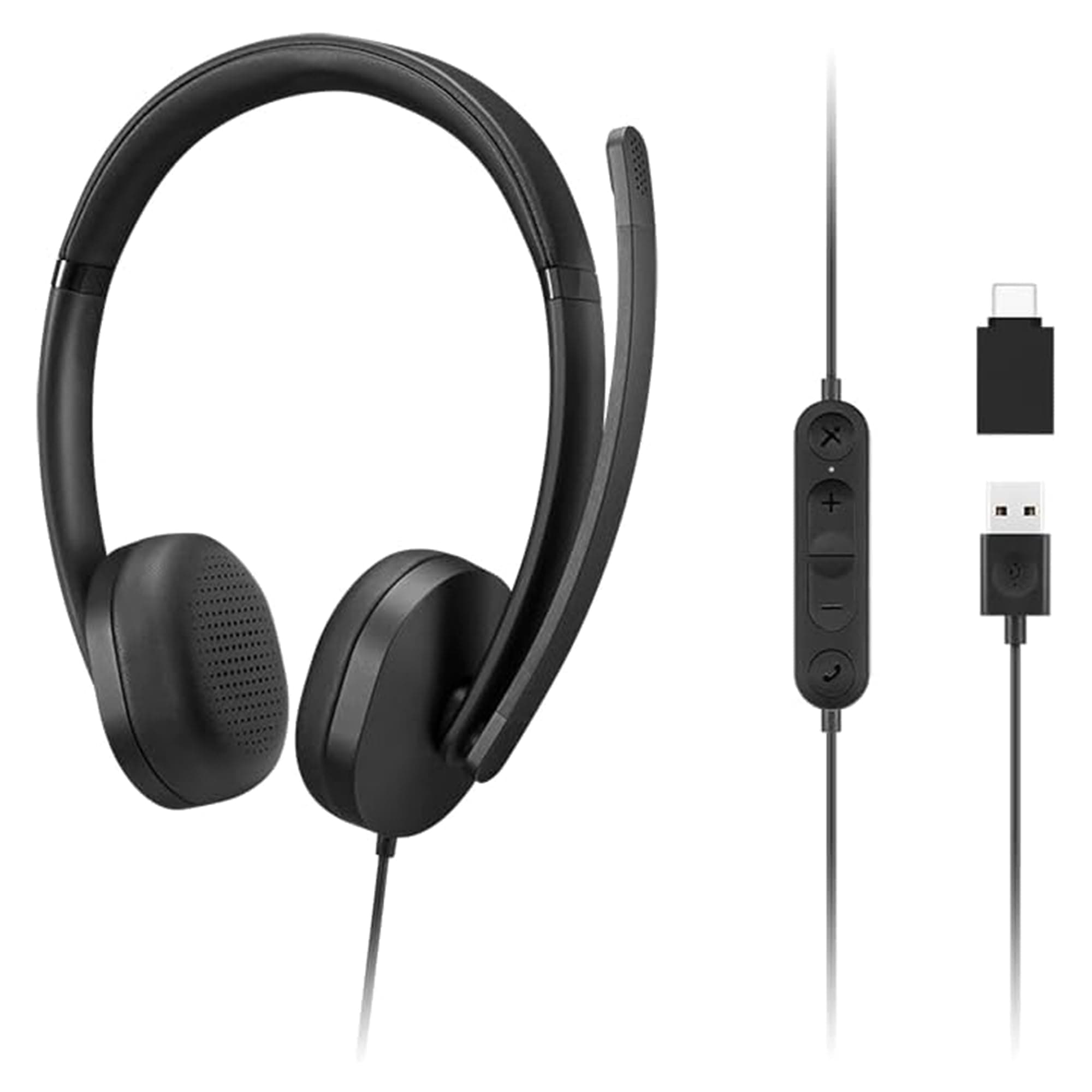 115 USB-A/USB-C Wired Stereo Headset, in-line Control Box. Lightweight, Noise Cancelling, USB-A to USB-C Adapter, Black