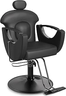 Baasha Ergonomic Reclining Salon Chair with Adjustable & Removable Headrest, All Black Hydraulic Styling Chair, Soft PU Leather, 135° Recline, 360° Swivel, Heavy-Duty Steel Frame, 330 lbs Capacity